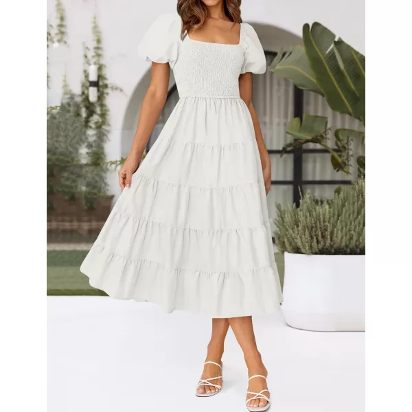 imageZESICA Womens 2024 Summer Square Neck Short Puff Sleeve Solid Color High Waist Casual Smocked Flowy A Line Tiered Midi DressWhite