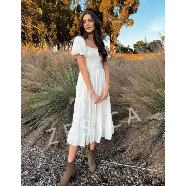 imageZESICA Womens 2024 Summer Square Neck Short Puff Sleeve Solid Color High Waist Casual Smocked Flowy A Line Tiered Midi DressWhite