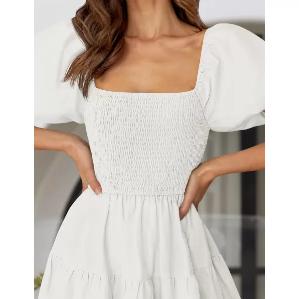 imageZESICA Womens 2024 Summer Square Neck Short Puff Sleeve Solid Color High Waist Casual Smocked Flowy A Line Tiered Midi DressWhite