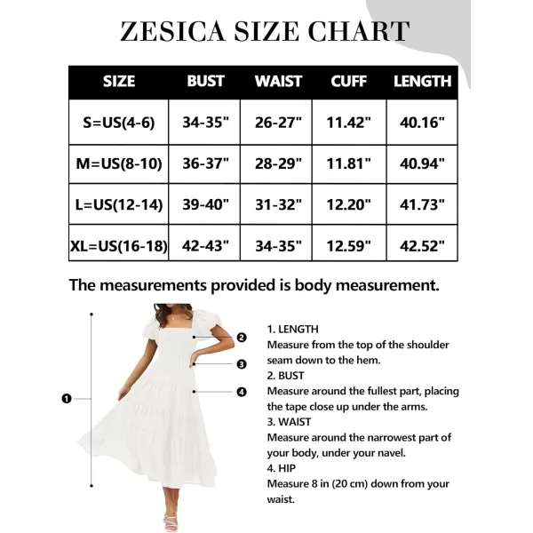 imageZESICA Womens 2024 Summer Square Neck Short Puff Sleeve Solid Color High Waist Casual Smocked Flowy A Line Tiered Midi DressWhite