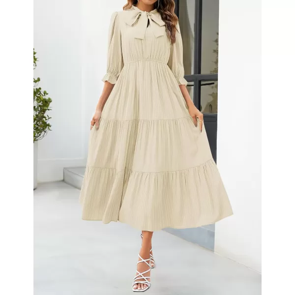 imageZESICA Womens Casual Half Sleeve Tie V Neck Elastic High Waist Solid Color Flowy Tiered A Line Beach Party Maxi DressApricot