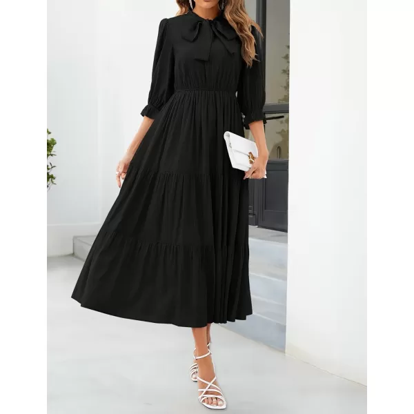 imageZESICA Womens Casual Half Sleeve Tie V Neck Elastic High Waist Solid Color Flowy Tiered A Line Beach Party Maxi DressBlack