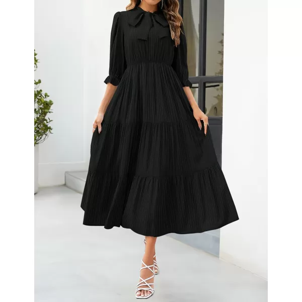 imageZESICA Womens Casual Half Sleeve Tie V Neck Elastic High Waist Solid Color Flowy Tiered A Line Beach Party Maxi DressBlack