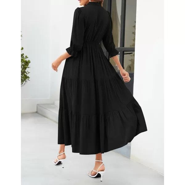 imageZESICA Womens Casual Half Sleeve Tie V Neck Elastic High Waist Solid Color Flowy Tiered A Line Beach Party Maxi DressBlack