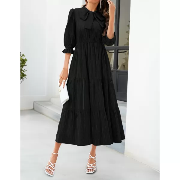 imageZESICA Womens Casual Half Sleeve Tie V Neck Elastic High Waist Solid Color Flowy Tiered A Line Beach Party Maxi DressBlack