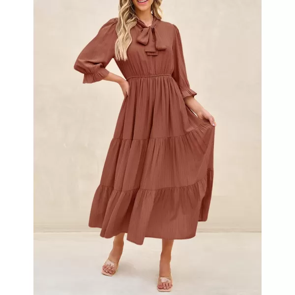 imageZESICA Womens Casual Half Sleeve Tie V Neck Elastic High Waist Solid Color Flowy Tiered A Line Beach Party Maxi DressBrickred