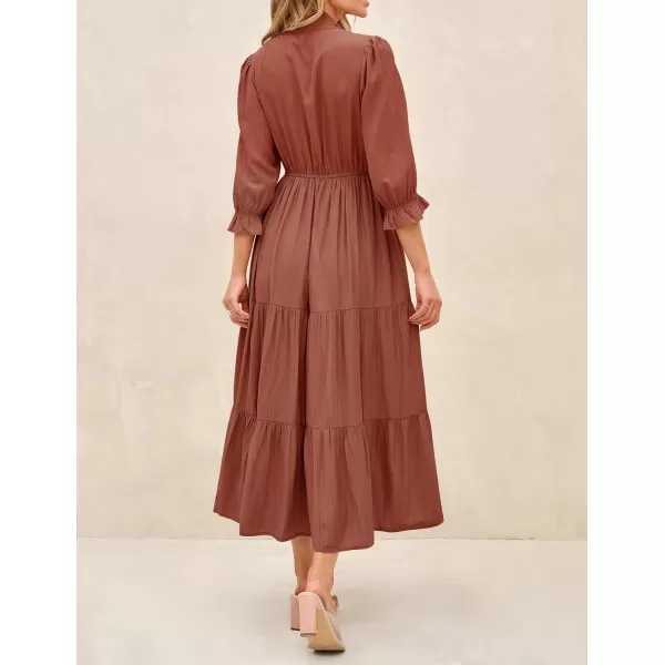 imageZESICA Womens Casual Half Sleeve Tie V Neck Elastic High Waist Solid Color Flowy Tiered A Line Beach Party Maxi DressBrickred