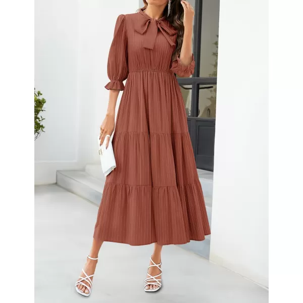 imageZESICA Womens Casual Half Sleeve Tie V Neck Elastic High Waist Solid Color Flowy Tiered A Line Beach Party Maxi DressBrickred
