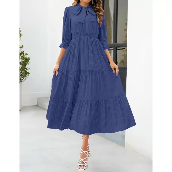 imageZESICA Womens Casual Half Sleeve Tie V Neck Elastic High Waist Solid Color Flowy Tiered A Line Beach Party Maxi DressDark Blue