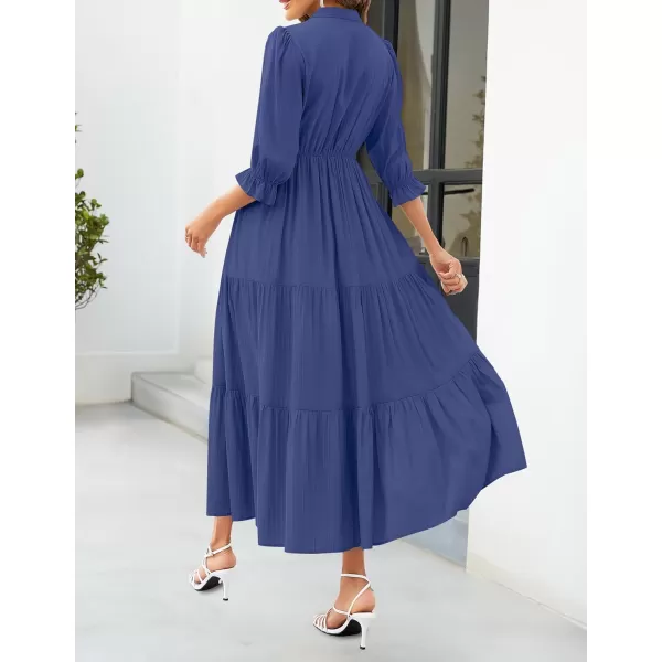 imageZESICA Womens Casual Half Sleeve Tie V Neck Elastic High Waist Solid Color Flowy Tiered A Line Beach Party Maxi DressDark Blue