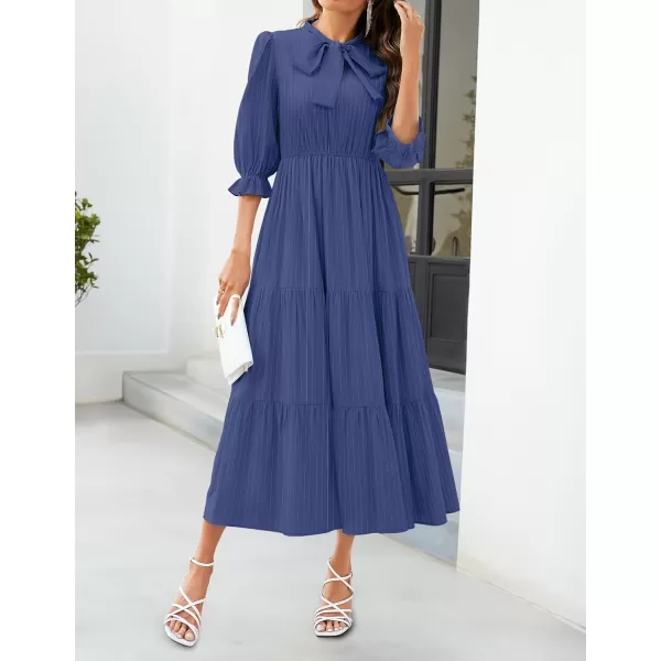 imageZESICA Womens Casual Half Sleeve Tie V Neck Elastic High Waist Solid Color Flowy Tiered A Line Beach Party Maxi DressDark Blue