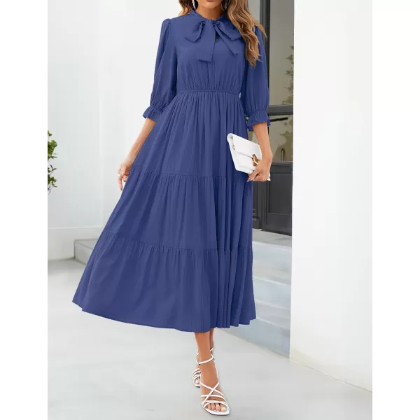 imageZESICA Womens Casual Half Sleeve Tie V Neck Elastic High Waist Solid Color Flowy Tiered A Line Beach Party Maxi DressDark Blue