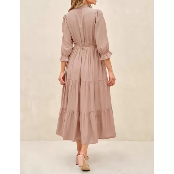 imageZESICA Womens Casual Half Sleeve Tie V Neck Elastic High Waist Solid Color Flowy Tiered A Line Beach Party Maxi DressDustypink
