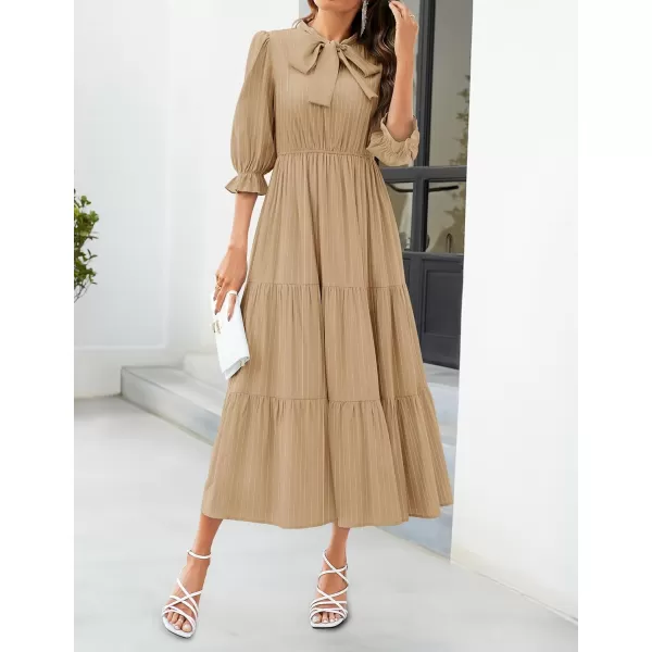 imageZESICA Womens Casual Half Sleeve Tie V Neck Elastic High Waist Solid Color Flowy Tiered A Line Beach Party Maxi DressKhaki