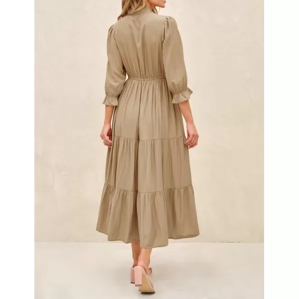 imageZESICA Womens Casual Half Sleeve Tie V Neck Elastic High Waist Solid Color Flowy Tiered A Line Beach Party Maxi DressKhaki