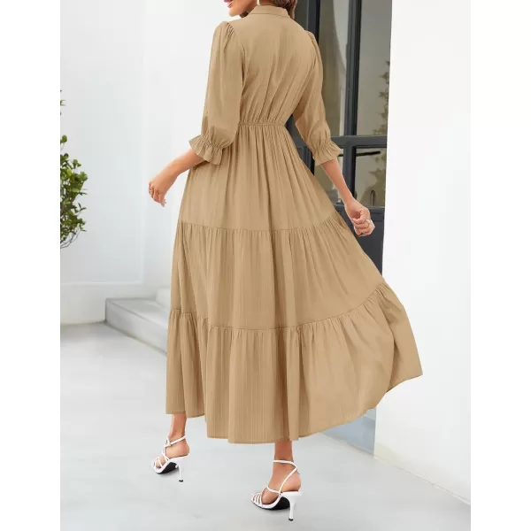 imageZESICA Womens Casual Half Sleeve Tie V Neck Elastic High Waist Solid Color Flowy Tiered A Line Beach Party Maxi DressKhaki