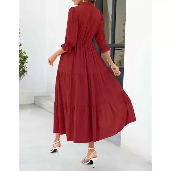 imageZESICA Womens Casual Half Sleeve Tie V Neck Elastic High Waist Solid Color Flowy Tiered A Line Beach Party Maxi DressRed