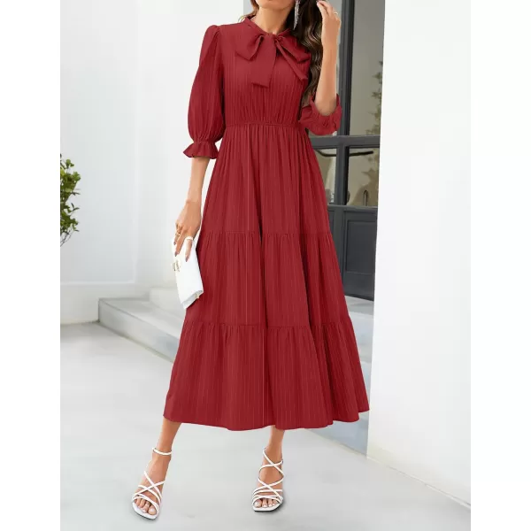 imageZESICA Womens Casual Half Sleeve Tie V Neck Elastic High Waist Solid Color Flowy Tiered A Line Beach Party Maxi DressRed