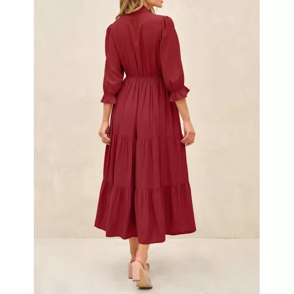 imageZESICA Womens Casual Half Sleeve Tie V Neck Elastic High Waist Solid Color Flowy Tiered A Line Beach Party Maxi DressRed