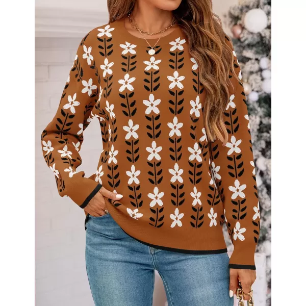 imageZESICA Womens Long Sleeve Crewneck Sweater 2024 Fall Printed Cute Oversized Knitted Pullover Tops Trendy ClothesCaramel