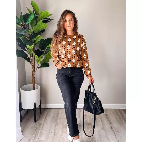 imageZESICA Womens Long Sleeve Crewneck Sweater 2024 Fall Printed Cute Oversized Knitted Pullover Tops Trendy ClothesCaramel