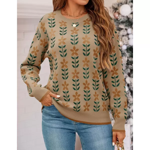 imageZESICA Womens Long Sleeve Crewneck Sweater 2024 Fall Printed Cute Oversized Knitted Pullover Tops Trendy ClothesKhaki