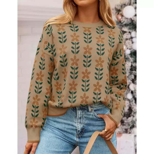 imageZESICA Womens Long Sleeve Crewneck Sweater 2024 Fall Printed Cute Oversized Knitted Pullover Tops Trendy ClothesKhaki
