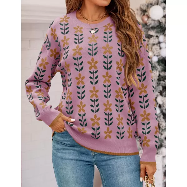 imageZESICA Womens Long Sleeve Crewneck Sweater 2024 Fall Printed Cute Oversized Knitted Pullover Tops Trendy ClothesPink