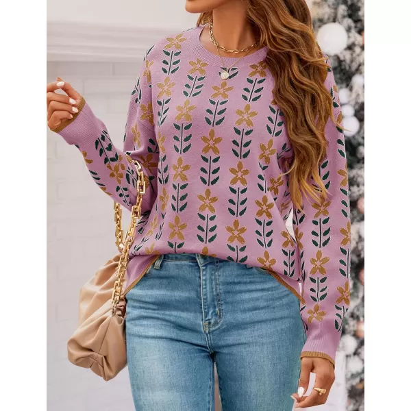 imageZESICA Womens Long Sleeve Crewneck Sweater 2024 Fall Printed Cute Oversized Knitted Pullover Tops Trendy ClothesPink