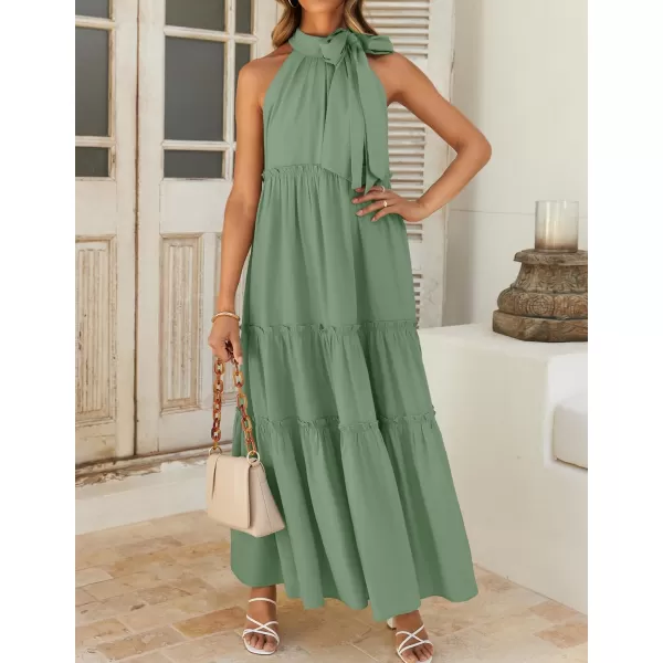 imageZESICA Womens Summer Boho Halter Maxi Dresses 2024 Casual Sleeveless Pleated Tiered Flowy Beach Vacation Long DressSage