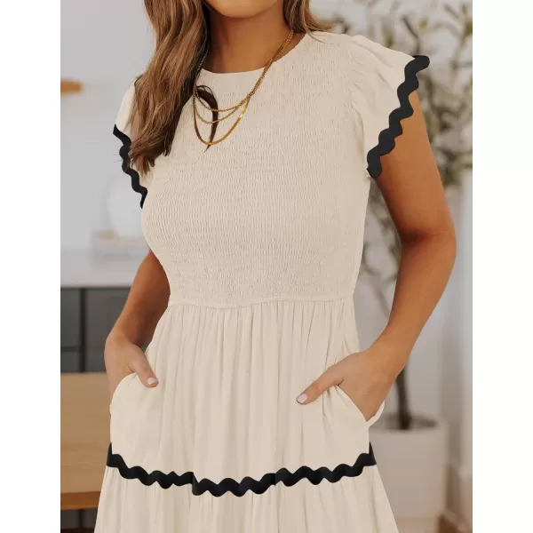 imageZESICA Womens Summer Flutter Short Sleeve Smocked Midi Dress 2024 Casual High Waist Rickrack Tiered Flowy DressesApricot