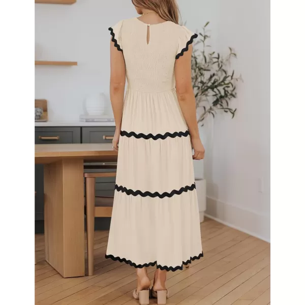 imageZESICA Womens Summer Flutter Short Sleeve Smocked Midi Dress 2024 Casual High Waist Rickrack Tiered Flowy DressesApricot