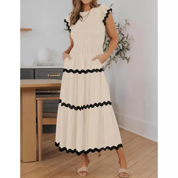 imageZESICA Womens Summer Flutter Short Sleeve Smocked Midi Dress 2024 Casual High Waist Rickrack Tiered Flowy DressesApricot