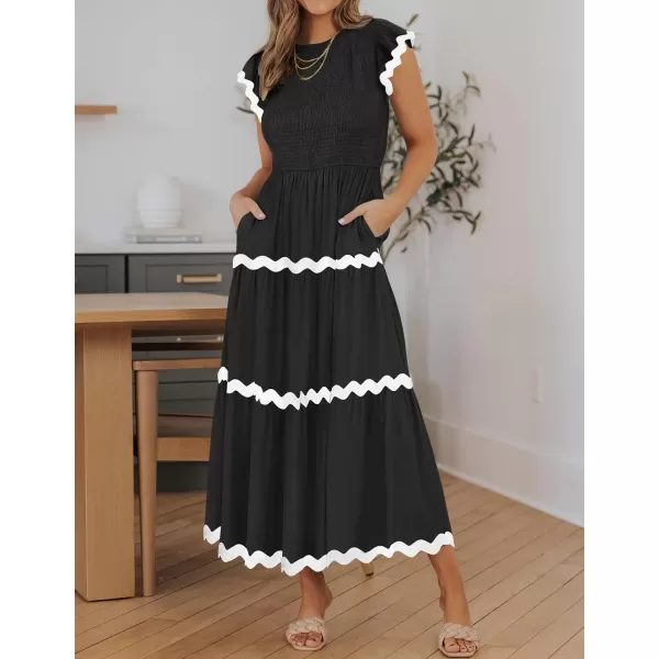 imageZESICA Womens Summer Flutter Short Sleeve Smocked Midi Dress 2024 Casual High Waist Rickrack Tiered Flowy DressesBlack