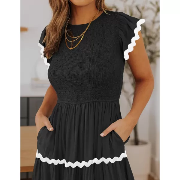 imageZESICA Womens Summer Flutter Short Sleeve Smocked Midi Dress 2024 Casual High Waist Rickrack Tiered Flowy DressesBlack