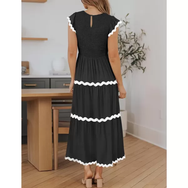 imageZESICA Womens Summer Flutter Short Sleeve Smocked Midi Dress 2024 Casual High Waist Rickrack Tiered Flowy DressesBlack