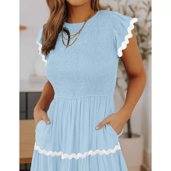 imageZESICA Womens Summer Flutter Short Sleeve Smocked Midi Dress 2024 Casual High Waist Rickrack Tiered Flowy DressesBlue