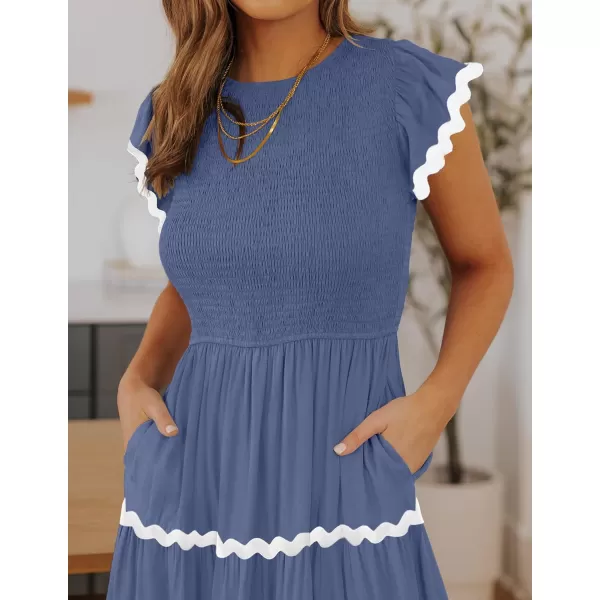 imageZESICA Womens Summer Flutter Short Sleeve Smocked Midi Dress 2024 Casual High Waist Rickrack Tiered Flowy DressesDusty Blue