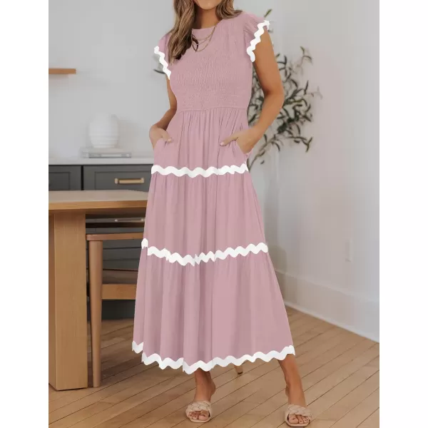 imageZESICA Womens Summer Flutter Short Sleeve Smocked Midi Dress 2024 Casual High Waist Rickrack Tiered Flowy DressesPink