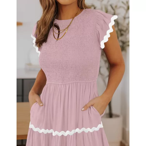 imageZESICA Womens Summer Flutter Short Sleeve Smocked Midi Dress 2024 Casual High Waist Rickrack Tiered Flowy DressesPink