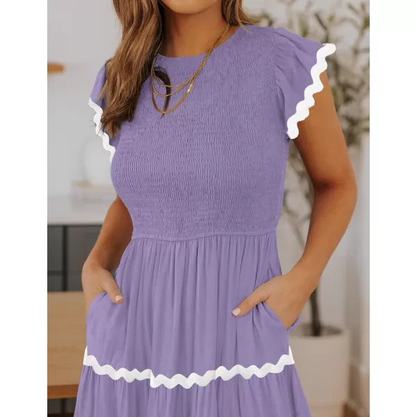 imageZESICA Womens Summer Flutter Short Sleeve Smocked Midi Dress 2024 Casual High Waist Rickrack Tiered Flowy DressesPurple