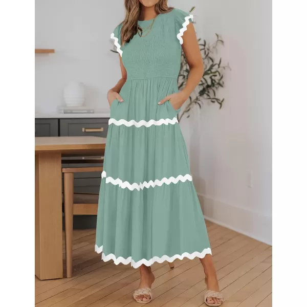 imageZESICA Womens Summer Flutter Short Sleeve Smocked Midi Dress 2024 Casual High Waist Rickrack Tiered Flowy DressesTurquoise