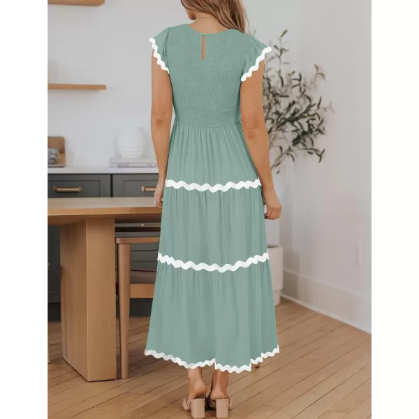imageZESICA Womens Summer Flutter Short Sleeve Smocked Midi Dress 2024 Casual High Waist Rickrack Tiered Flowy DressesTurquoise
