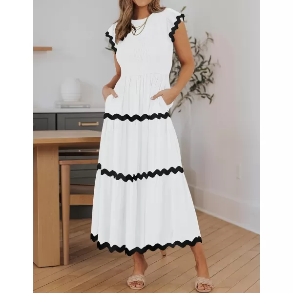 imageZESICA Womens Summer Flutter Short Sleeve Smocked Midi Dress 2024 Casual High Waist Rickrack Tiered Flowy DressesWhite