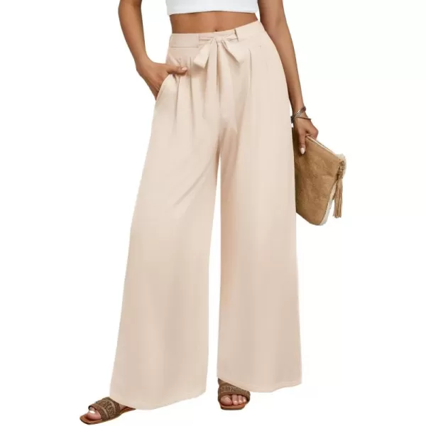 imageZESICA Womens 2024 Fall Knit Wide Leg Pajama Pants High Waist Adjustable Knot Loose Casual Flowy Long Trousers with PocketsApricot