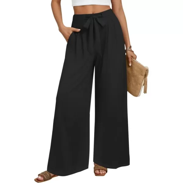 imageZESICA Womens 2024 Fall Knit Wide Leg Pajama Pants High Waist Adjustable Knot Loose Casual Flowy Long Trousers with PocketsBlack