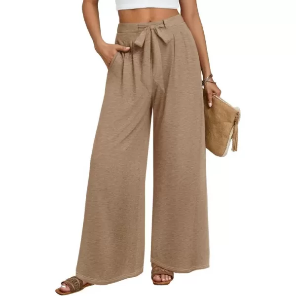 imageZESICA Womens 2024 Fall Knit Wide Leg Pajama Pants High Waist Adjustable Knot Loose Casual Flowy Long Trousers with PocketsBrown