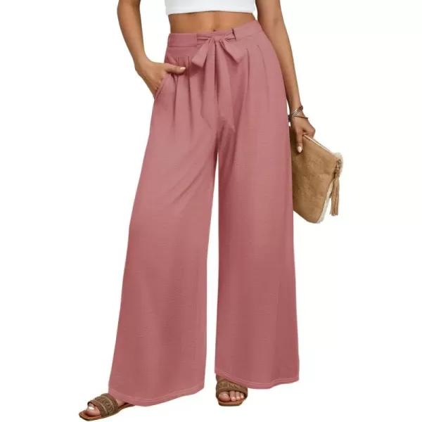 imageZESICA Womens 2024 Fall Knit Wide Leg Pajama Pants High Waist Adjustable Knot Loose Casual Flowy Long Trousers with PocketsDirty Pink