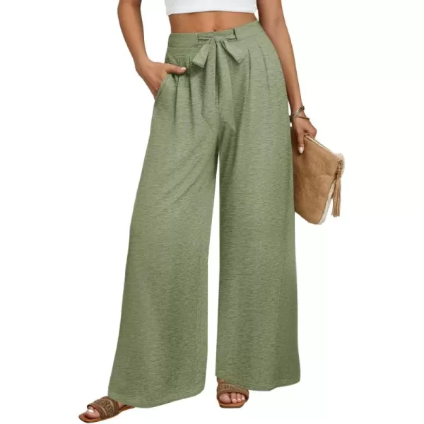 imageZESICA Womens 2024 Fall Knit Wide Leg Pajama Pants High Waist Adjustable Knot Loose Casual Flowy Long Trousers with PocketsGreen