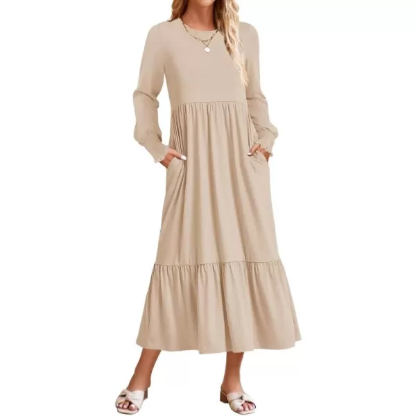 imageZESICA Womens 2024 Fall Long Sleeve Dress Crewneck Casual Loose Pleated Tiered Swing Midi Dresses with PocketsApricot